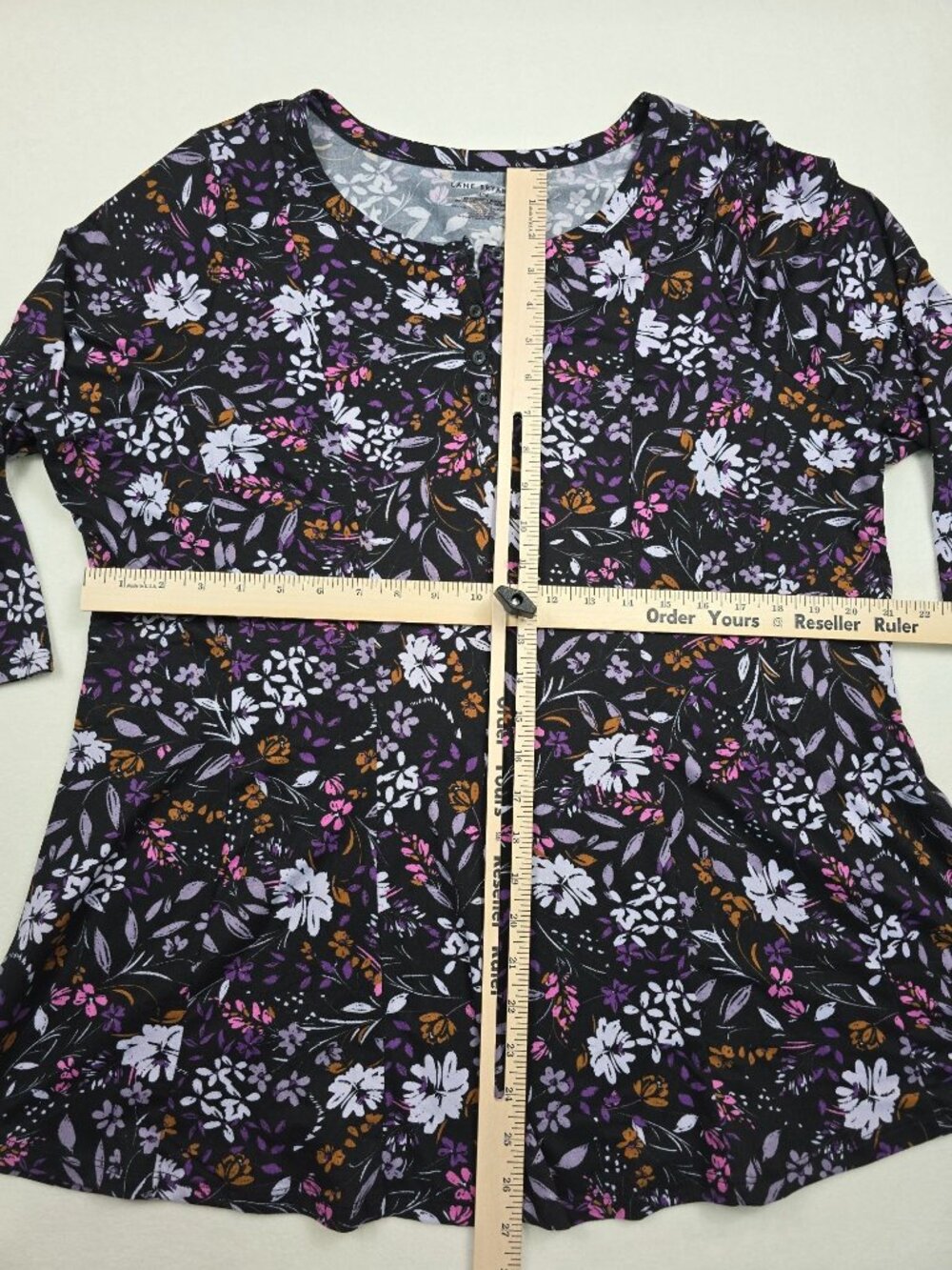 Lane Bryant Floral Black & Purple 3/4 Sleeve Tunic Top 14/16 Stretchy - Picture 4 of 5